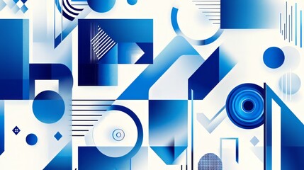 Abstract geometric composition in blue and white with circles, lines, and shapes, creating a modern, minimalist, and dynamic design. AI generative.