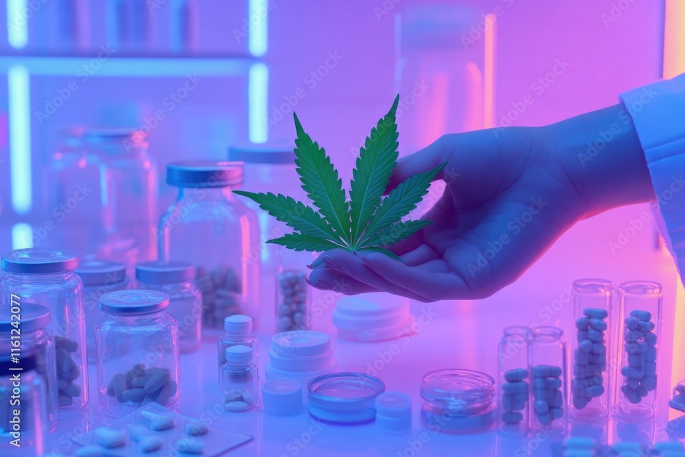 Poster A scientist holds a marijuana leaf in a laboratory setting