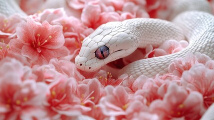 Fototapeta premium Close-up view of a white snake coiled around pink flowers, highlighting the contrasting colors and textures
