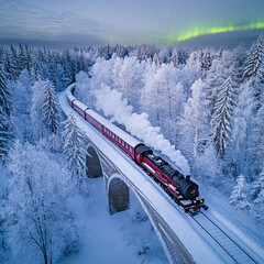 Naklejka premium A vintage brown train moving through a snowy landscape, surrounded by vibrant northern lights and twinkling stars