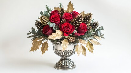 Fototapeta premium A festive floral arrangement featuring red roses, pinecones, and golden leaves in a decorative vase.