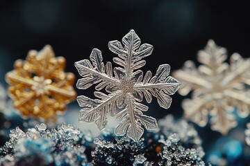 A cluster of unique snowflakes rests atop a snow-covered mound, perfect for winter-themed designs and illustrations