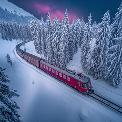Naklejka premium A vintage brown train moving through a snowy landscape, surrounded by vibrant northern lights and twinkling stars