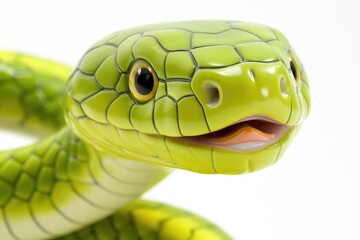 A detailed view of a vibrant green snake on a plain white background