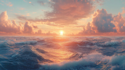 Fototapeta premium Stunning panoramic view of the ocean at sunset, capturing vibrant sky and calm waters