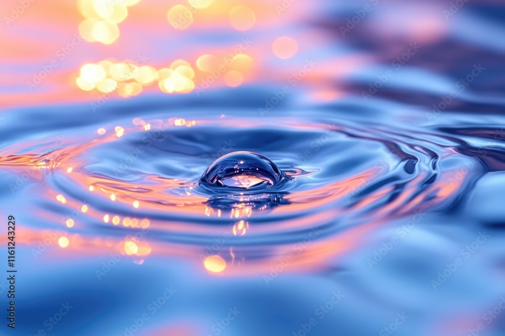 Poster a close-up view of a single water drop floating on the surface of a body of water