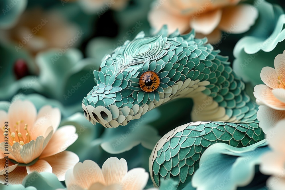 Poster A close-up shot of a snake surrounded by colorful flowers, great for use as a decorative element or symbol in various contexts