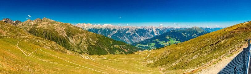 High resolution stitched alpine summer panorama at Mount Schoenjoch, Fiss, Inntal valley, Samnaun, Landeck, Tyrol, Austria