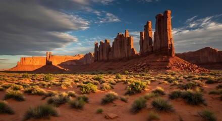 Stunning sunrise over Monument Valley's red rock buttes. Dramatic desert landscape.
