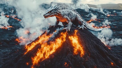 Naklejka premium White dragon perched atop a volcano amidst fiery lava flows and smoke.