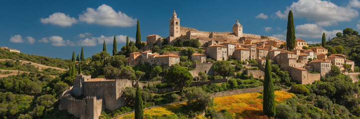 Fototapeta premium Picturesque portuguese hillside town surrounded by lush greenery