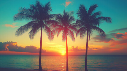Obraz premium Tropical beach sunset with palm tree silhouettes and modern vintage color tones evoking nostalgia