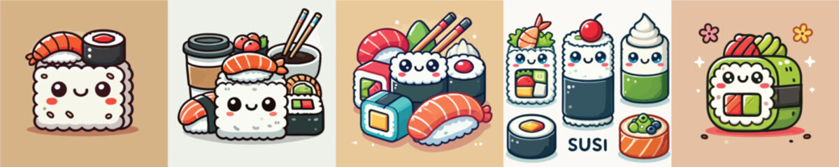 Vector collection of animated sushi from fresh tuna