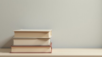 Three hardcover books stacked on a wooden surface, casting soft shadows on a plain background