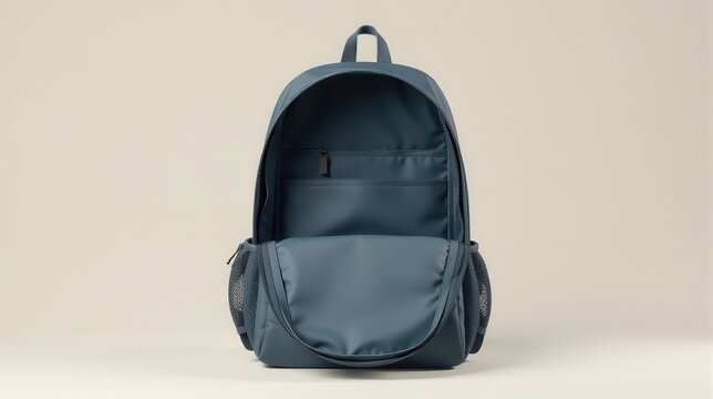 Gray backpack with an open front pocket displayed on a plain surface, highlighting its spacious compartments and minimalist design