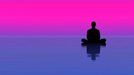 Fototapeta premium Silhouetted person meditating on calm water at sunset.