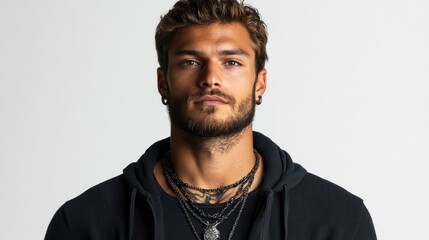 Obraz premium A portrait of a confident man with tattoos and layered necklaces, conveying a stylish vibe.
