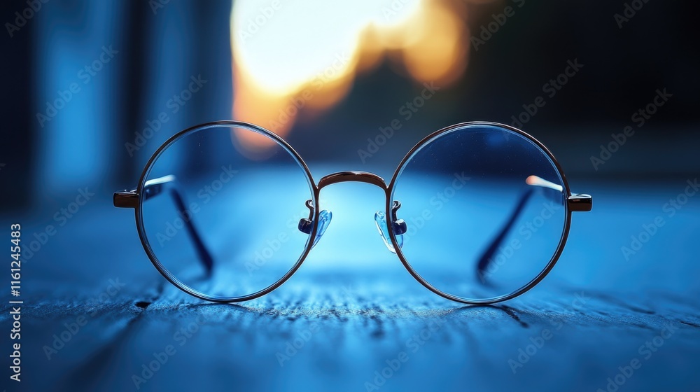 Poster a pair of glasses resting on the surface of a wooden table, perfect for a study or workspace