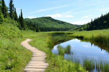 Obraz premium A scenic path leads through vibrant greenery, inviting exploration near calm, reflective waters