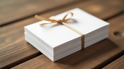Elegant stack of white cards tied with a brown string on a rustic wooden table, perfect for invitations, announcements, or personalized notes