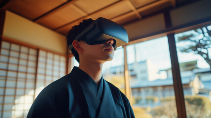 Young entrepreneur explores virtual reality technology in traditional Japanese setting