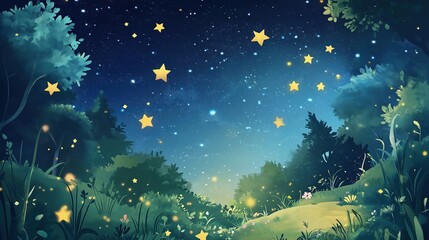 animated, storybook-style illustration of stars, perfect for a children's song background or a fairy tale book.  glow and stars are flying. Twinkling stars in an animated white cartoon style depicted.