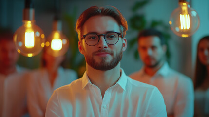 Young entrepreneur shares innovative business idea with motivated team in a creative workspace