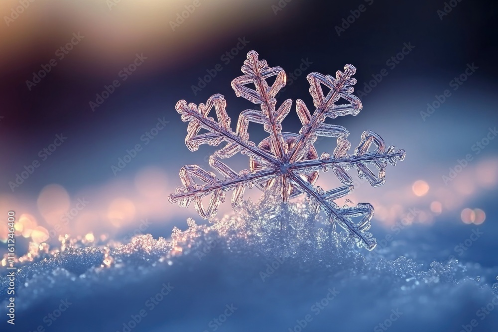 Poster a single snowflake sits on top of a snowy ground, perfect for winter scenes or cold weather backgrou