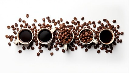 Obraz premium Four cups of coffee and coffee beans artfully arranged on a white background. A delightful image for coffee lovers.