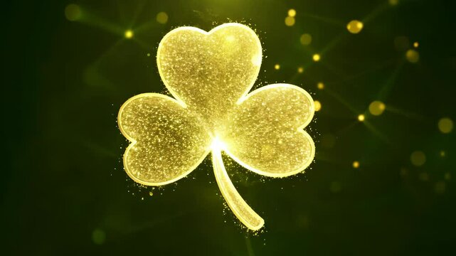 a three-leaf clover shamrock on green sparkling background, symbol of luck for St. Patrick's Day