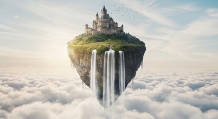 Floating Castle in the Clouds: A majestic castle perched atop a floating island, waterfalls cascading into the ethereal clouds below, evokes a sense of wonder and fantasy. 