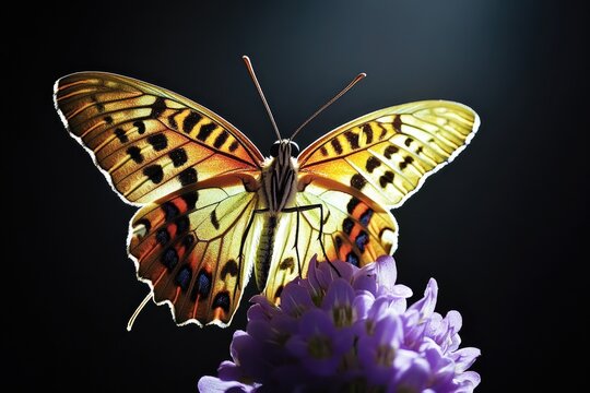 A colorful butterfly perched on a vibrant purple flower, great for nature or wildlife photography