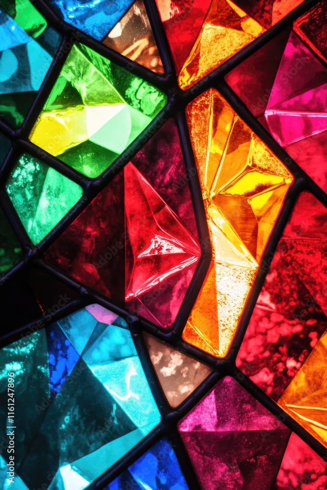 Poster a vibrant and intricate design on a stained glass window, ideal for use in design projects or as a d
