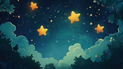 animated, storybook-style illustration of stars, perfect for a children's song background or a fairy tale book.  glow and stars are flying. Twinkling stars in an animated white cartoon style depicted.
