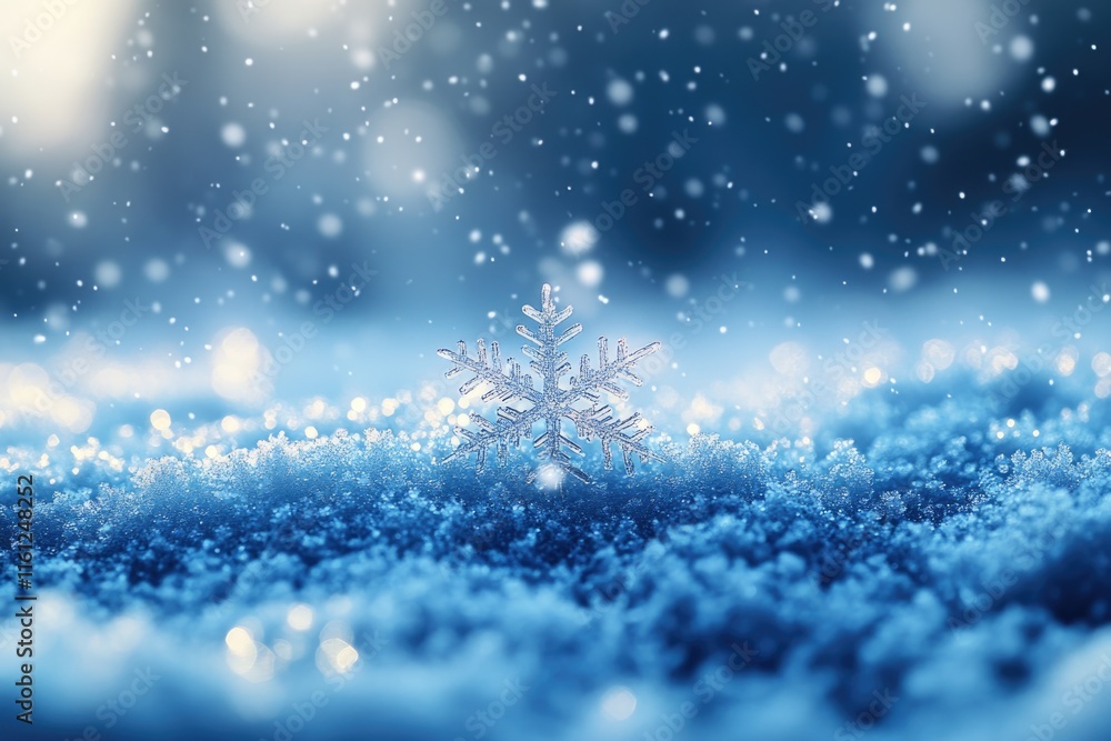 Poster a single snowflake resting on top of a pile of snow