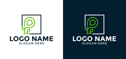 Vector illustration of Green Leaf Logo P. Initial Design line art Letter P.