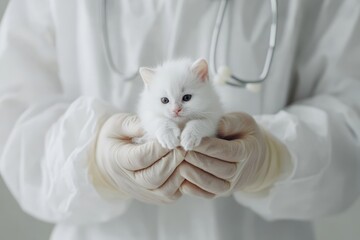 Fluffy white kitten in veterinarian's hands with stethoscope, symbolizing care and compassion