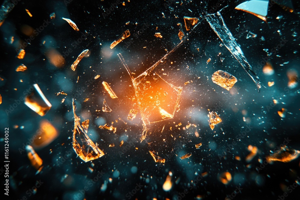 Poster a close-up shot of multiple pieces of glass in different shapes and sizes, likely from a shattered o