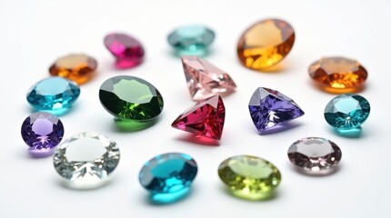 A collection of colorful gemstones in various cuts and shapes, sparkling against a white background. The vibrant hues create a stunning display of natural beauty.