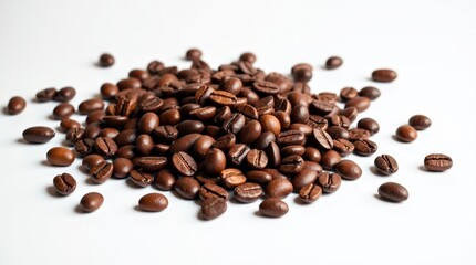 A pile of dark roasted coffee beans scattered on a white background. Rich brown tones and a rustic feel.
