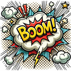 Cartoon comic sign burst cloud. Speech bubble, boom sign expression and   on a white background