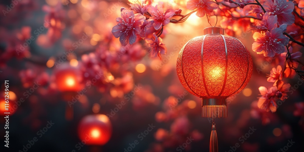 Poster a red paper lantern hangs from a tree branch, simple and elegant decoration