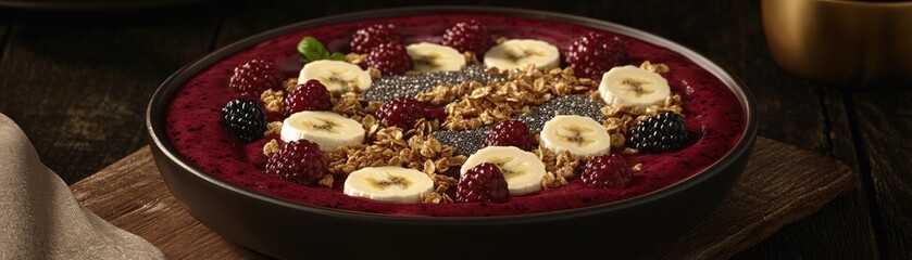 Fototapeta premium A vibrant bowl of smoothie topped with fruits, granola, and seeds, perfect for a healthy snack.