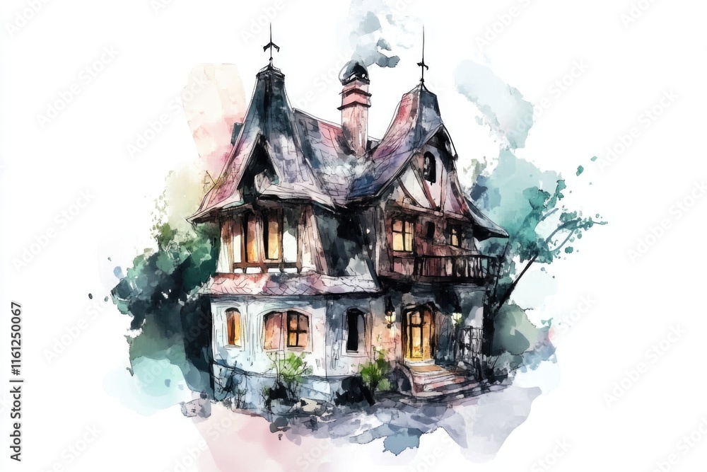 Poster a watercolor painting of a charming house with a clock tower, ideal for use in illustrations and des