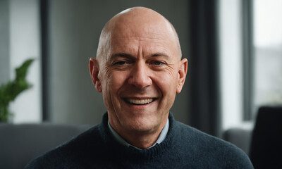 Obraz premium a mature adult man with a bald head and turtleneck sweater in the office or at home, prosperity and wealth, in retirement age, midlife crisis or in a good mood, laughing