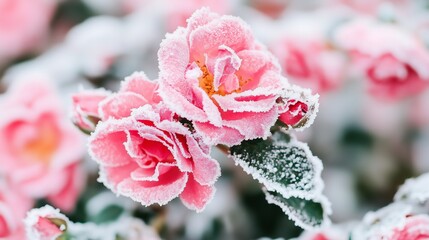 red roses flower wall background covered with a bit of shiny snowy frost for Valentines Day