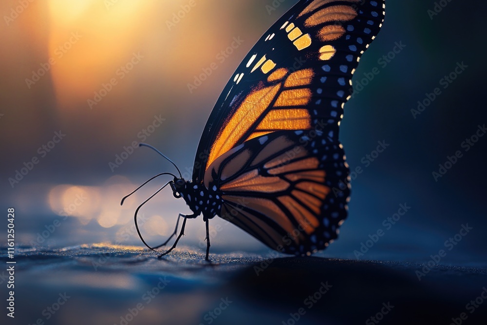 Poster a close-up view of a butterfly sitting on a surface, its wings spread out