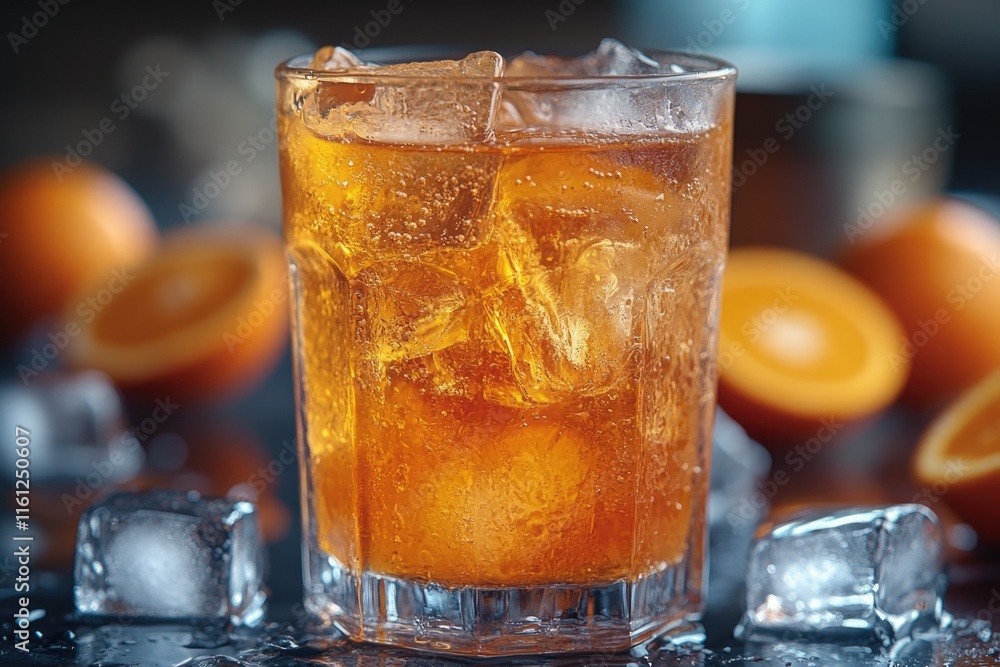 Aufkleber a close-up shot of a glass of ice with oranges visible in the background