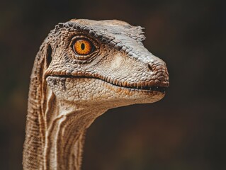Close-up of a dinosaur-like creature with a detailed textured skin and striking eye.