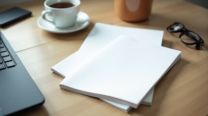 A blank notebook, pen, laptop, and cup of tea on a wooden desk create a cozy workspace atmosphere